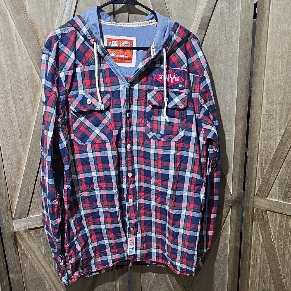 NWOT Rolling Paper NYC Plaid Lightweight Hooded Button Diwn Shirt/Jacjet Sz 2XL
